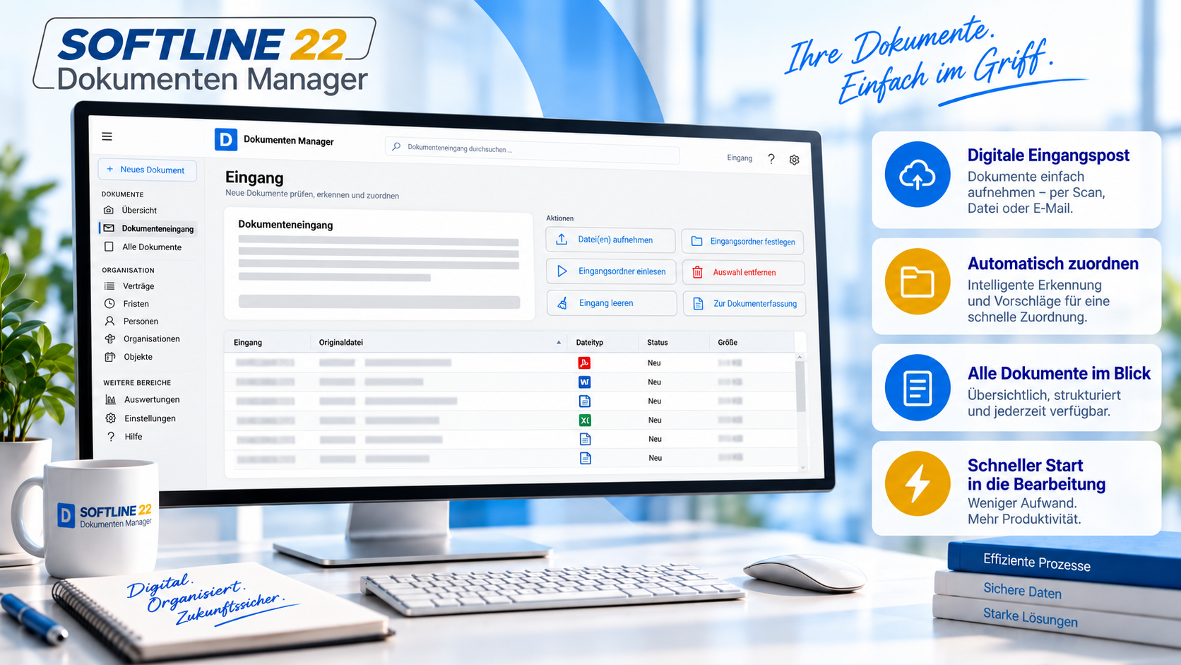 Produktbild des Dokumenten Managers mit Dokumenteneingang und automatischer Zuordnung
