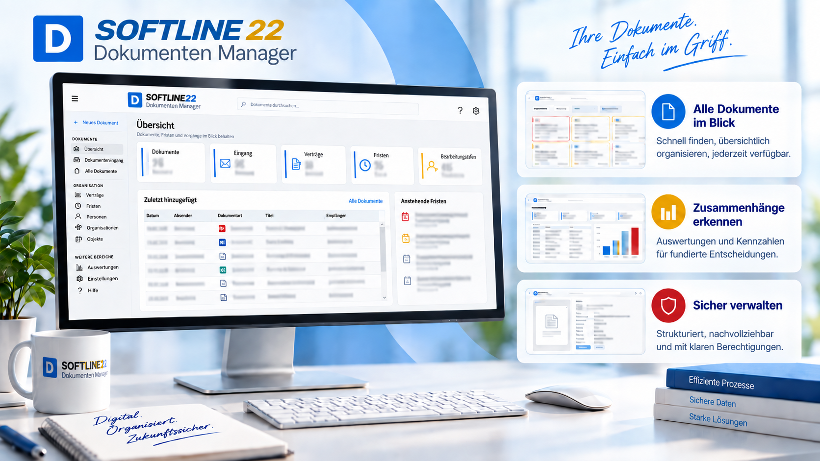 SOFTLINE22 Dokumenten Manager in einer hellen Büroumgebung mit Übersicht, Auswertungen und Dokumentenverwaltung